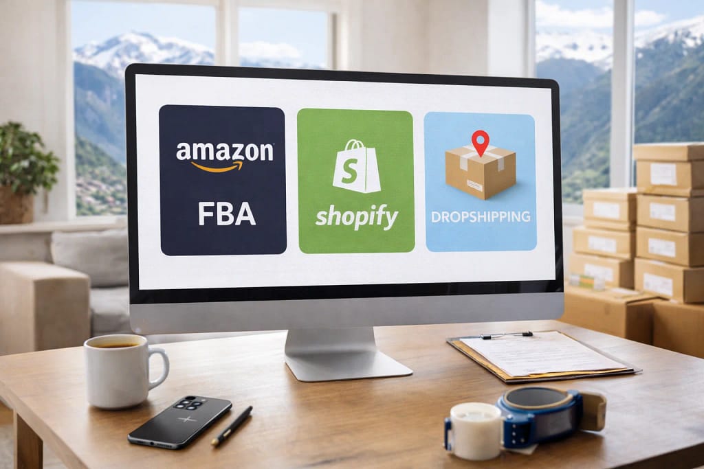 Cómo ganar dinero desde casa vendiendo productos por internet (guía realista y escalable) 36 imagen donde se ve en pantalla amazon fba, shopify y dropshipping