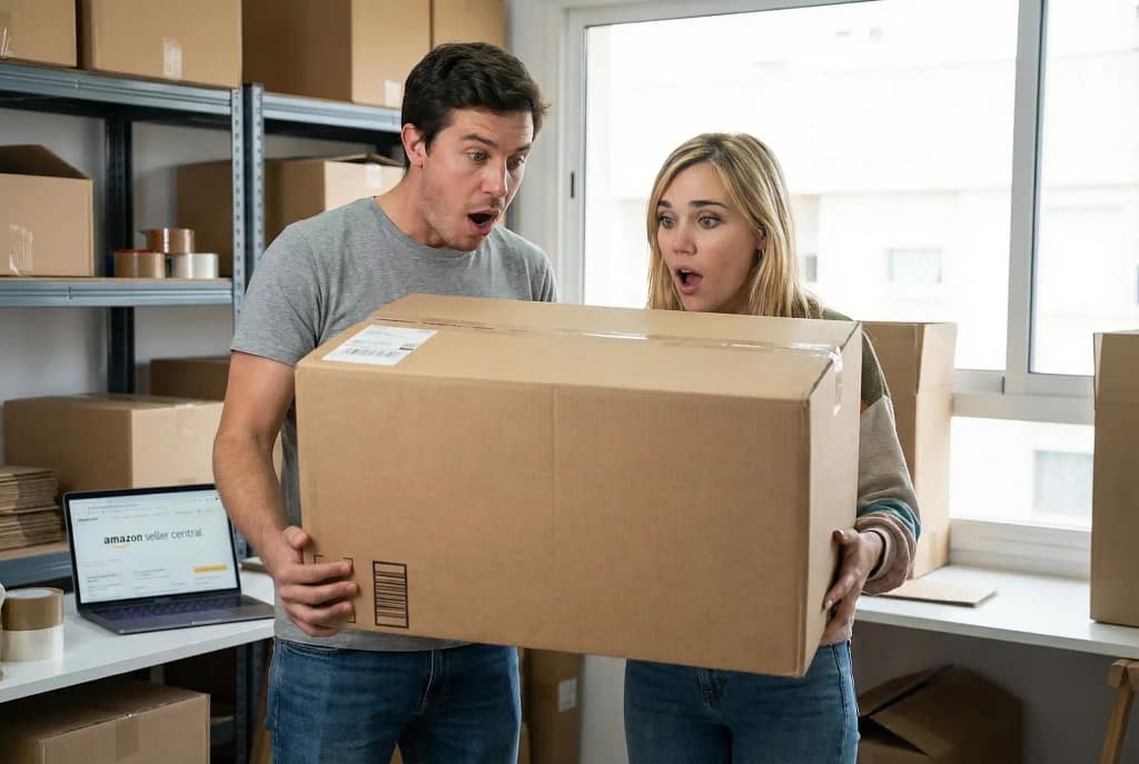 Vendiendo sin margen: el error que nos hizo perder meses (y dinero) en Amazon 12 xav y alba sosteniendo una caja pesada