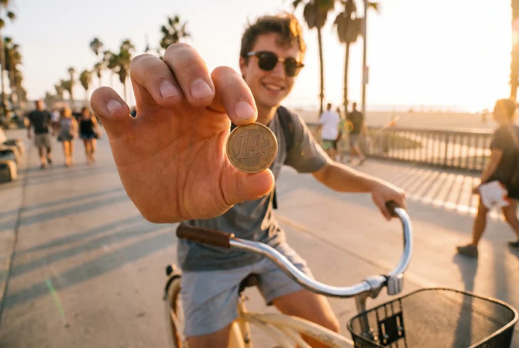 Cuánto cuesta una agencia Amazon FBA en España: guía 2026 103 Joven en Vespa en un pueblo de la Toscana sosteniendo una moneda de euro hacia la cámara en primer plano, representando el coste y la rentabilidad de contratar una agencia Amazon FBA