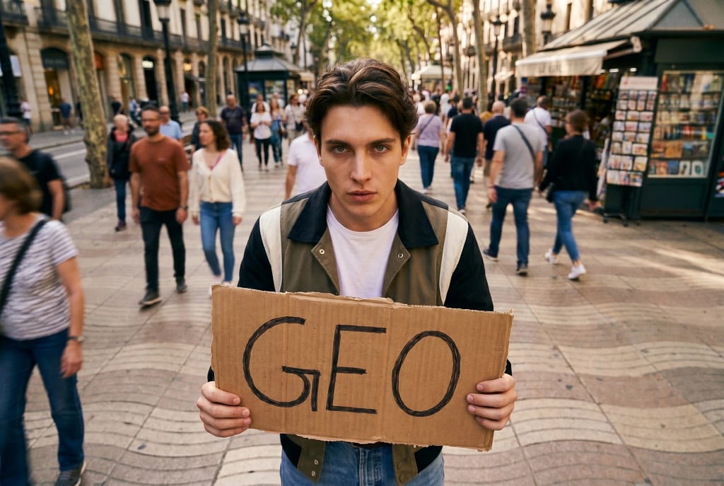 GEO: por qué será más importante que el SEO en Amazon 52 Joven sosteniendo un cartel con la palabra GEO en Las Ramblas de Barcelona, representando la optimización para motores generativos en Amazon