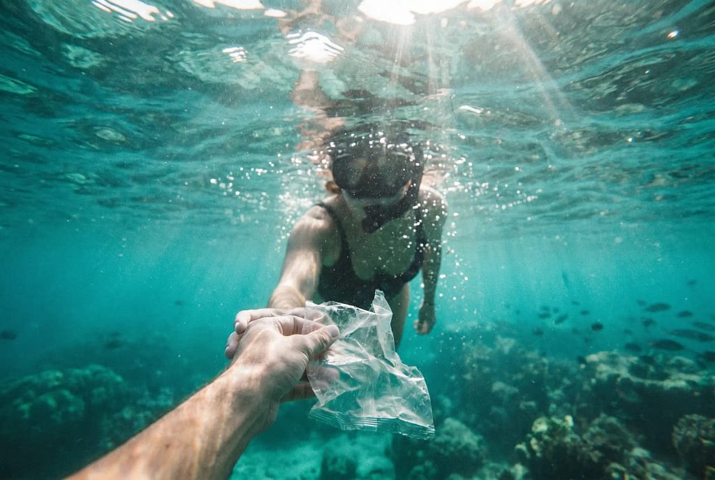 RAP Amazon FBA: normativa de envases desde agosto 2026 103 Persona nadando bajo el agua recogiendo un fragmento de plástico de embalaje del mar, representando la responsabilidad ambiental detrás de la normativa RAP en Amazon