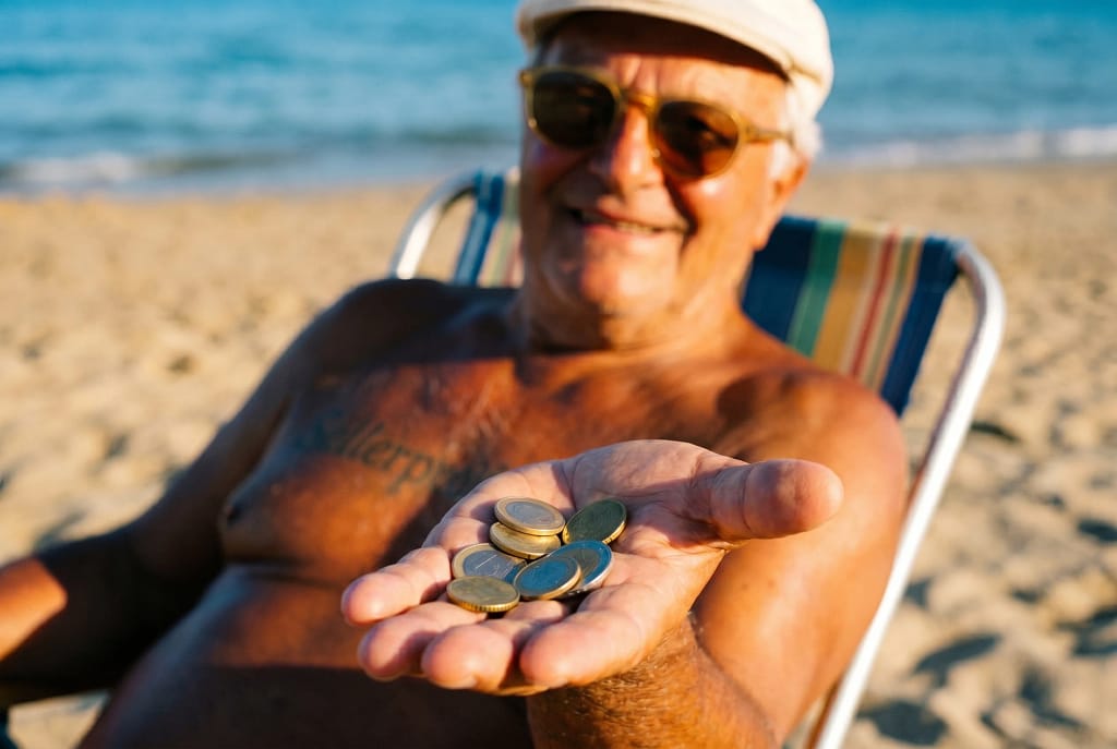 Vender en Amazon en 2026: ¿merece la pena con las tarifas por las nubes? 104 Hombre en silla de playa mostrando monedas en la palma de la mano, representando los márgenes y rentabilidad de vender en Amazon FBA en 2026